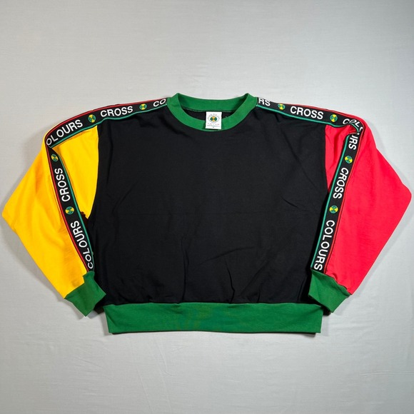 Cross Colours Tops - Cross Colours Colorblock Crop Sweatshirt Black Red Yellow Medium 90s Hip Hop